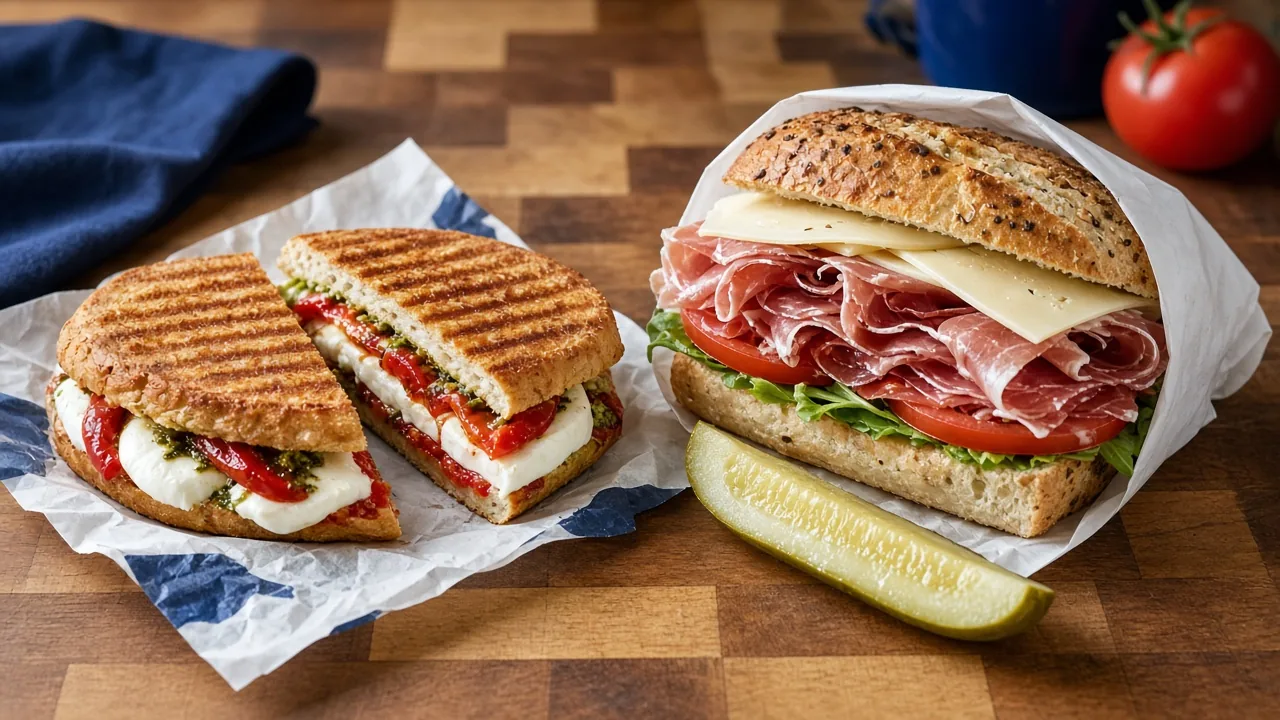 A pressed mozzarella and roasted pepper panini cut in half next to an Italian cold cut sandwich wrapped in deli paper and a pickle spear on a butcher block